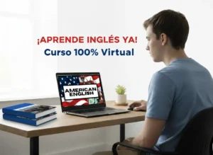 Estudiante utilizando el programa American English - Curso de Inglés en su computadora para alcanzar la fluidez.