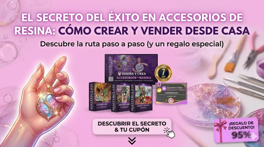 Mujer emprendedora creando accesorios personalizados siguiendo las lecciones del Curso Diseña y Crea Accesorios en Resina.
