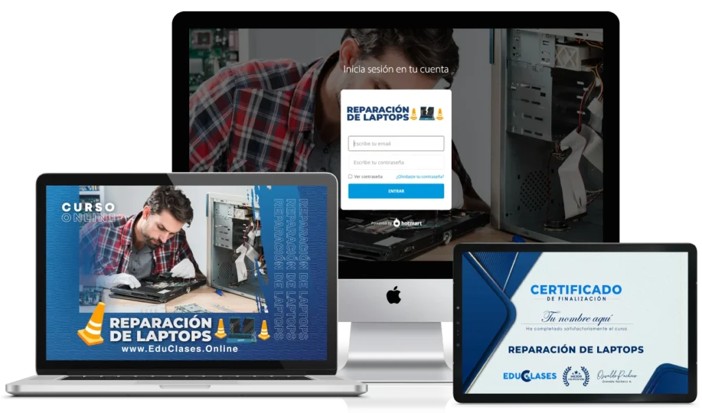 Técnico profesional midiendo voltajes en una placa madre de laptop siguiendo el Curso de Reparación de Laptops de Educlases.