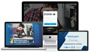 Técnico profesional midiendo voltajes en una placa madre de laptop siguiendo el Curso de Reparación de Laptops de Educlases.