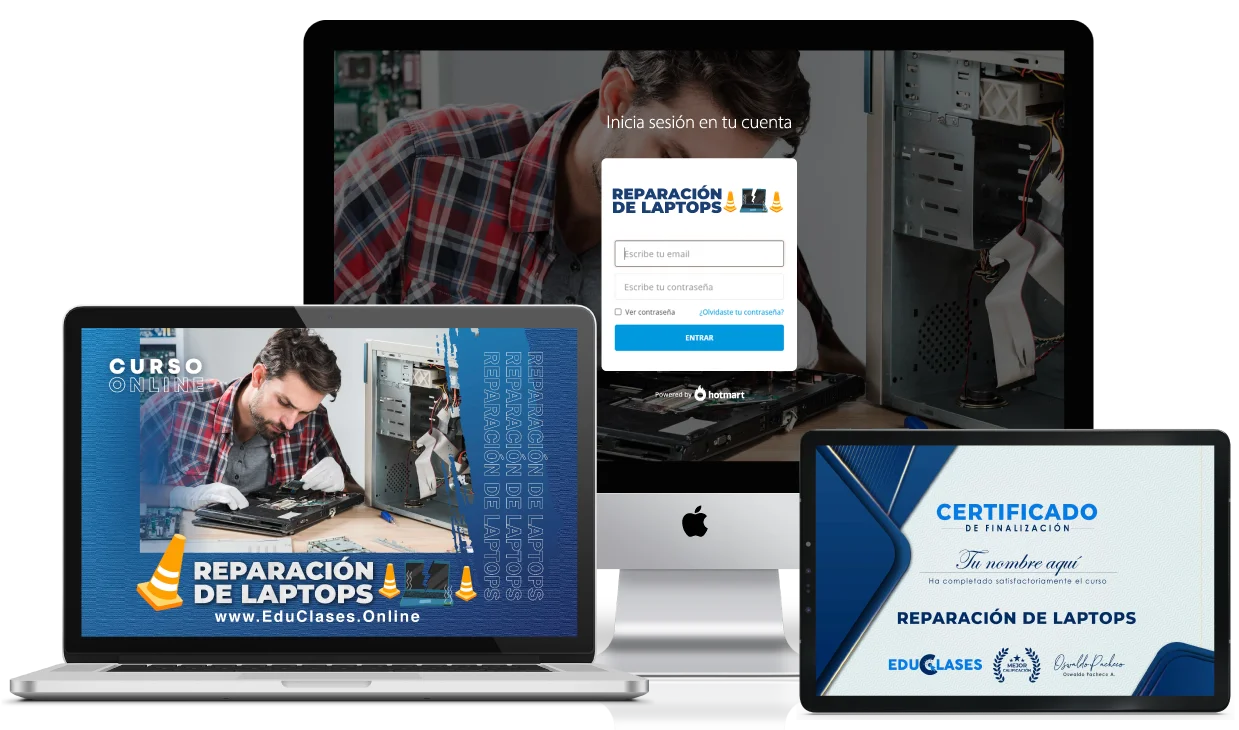 Técnico profesional midiendo voltajes en una placa madre de laptop siguiendo el Curso de Reparación de Laptops de Educlases.